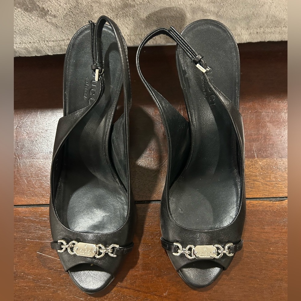 Gucci Black Peep Toe Sling Back Heels sz 36.5 - Picture 4 of 9